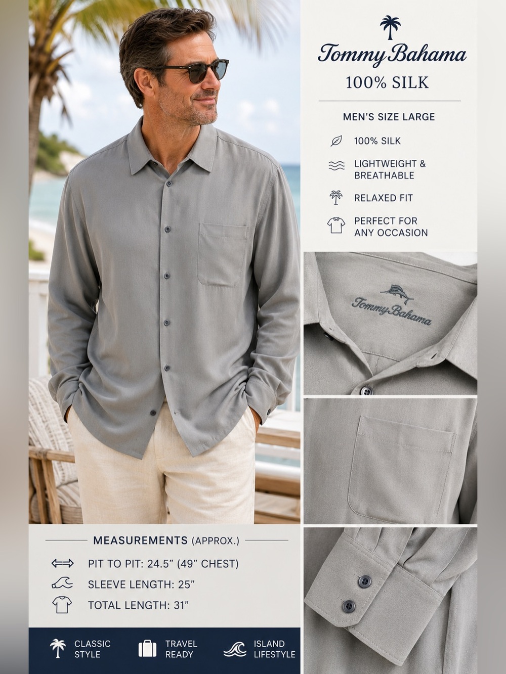 Tommy Bahama 100% Silk Button Front Shirt Mens L Gray Long Sleeve Camp Shirt